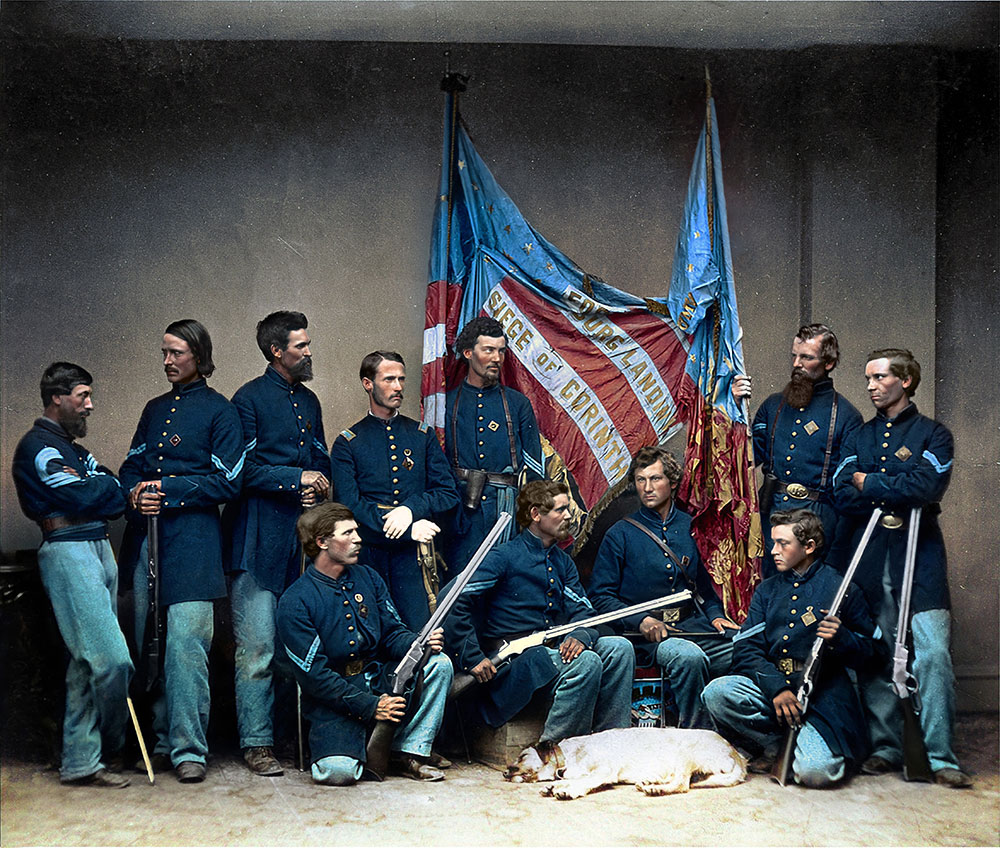 Soldiers of the 7th Illinois Infantry with Henry rifles, from the Illinois State Historical Society.