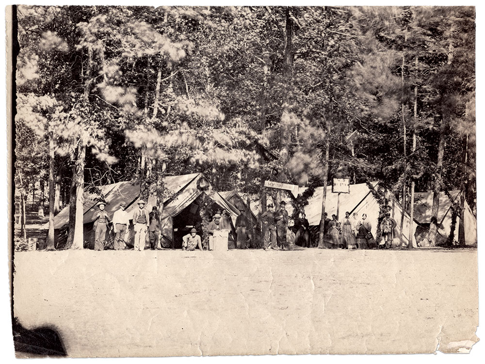 View of the USCC station at Gettysburg: Though this albumen is not credited, a print of the same scene with the Tyson Brothers’ imprint (Charles J. and Isaac G.) is in the collections of the New York Public Library. A third print, in the Adams County Historical Society, is marked “488, Convalescents at General Hospital.” W.H. Tipton, who had apprenticed with the Tyson Brothers, made a variation of this scene, with the subjects posed differently, into a stereoview. Author's collection.