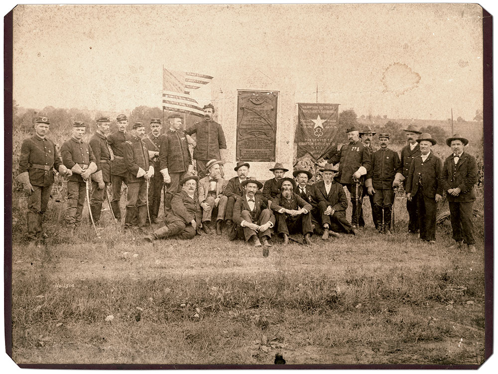 “Unidentified Civil War veterans of Battery F Pennsylvania Independent Light Artillery, Hampton’s Battery, at the monument to the combined C & F batteries, Gettysburg.” Albumen print by W.H. Tipton of Gettysburg, Pa. The Liljenquist Family Collection at the Library of Congress.