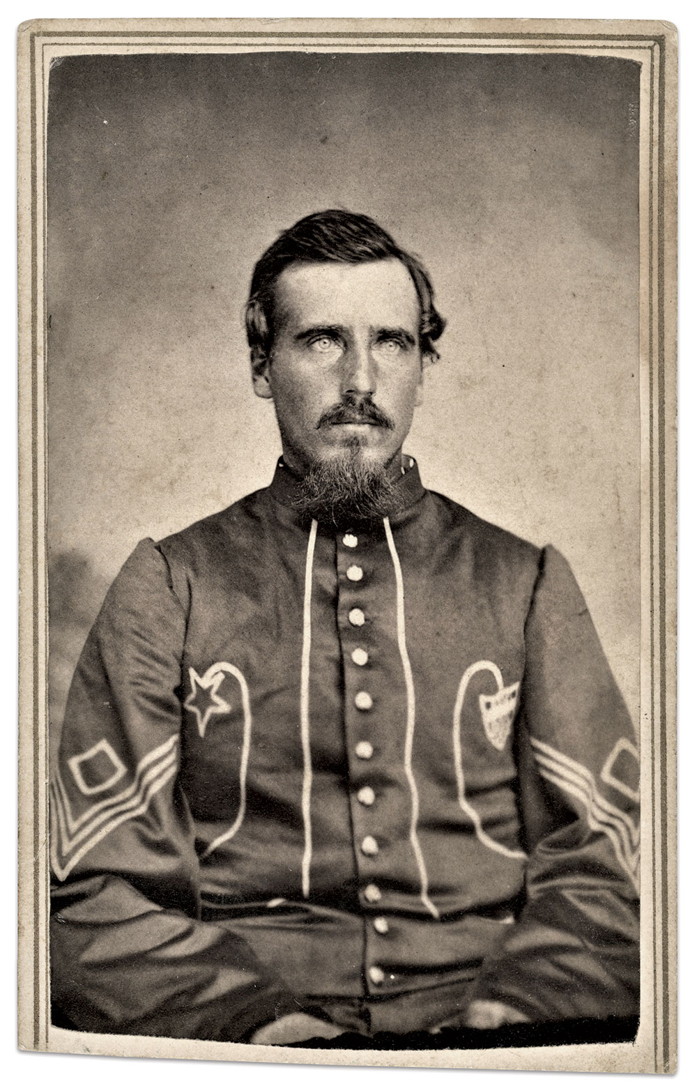 William Wick Watson (1832-1905), a first sergeant in Company I, wears the standard jacket with star and shield. Carte de visite attributed to a New Orleans, La., photographer. Roger Davis Collection.