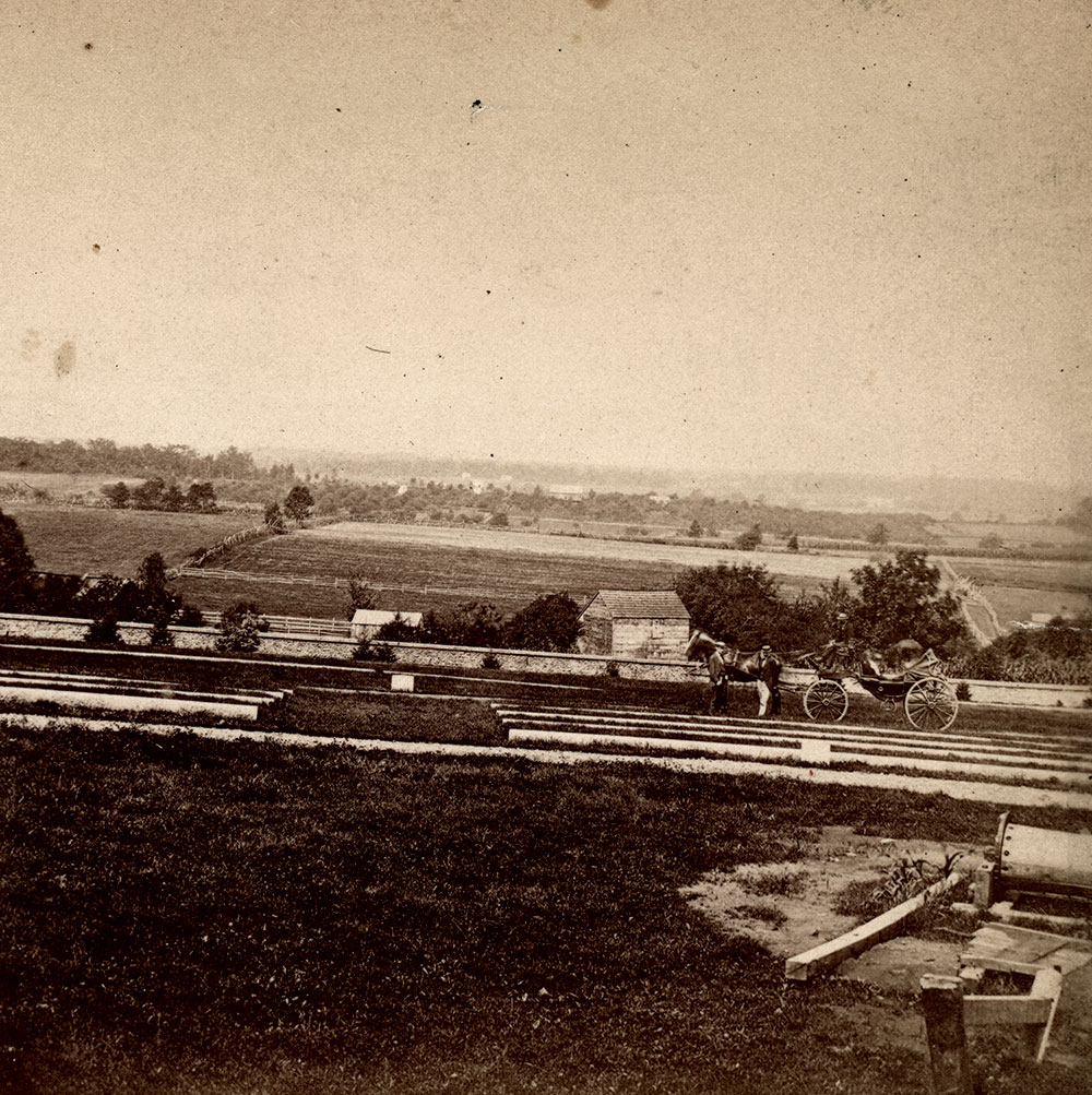 View from the Cemetery looking toward the left of Pickett’s Charge and Battery H’s field of fire on July 2 and 3. Ornamental trees and shrubbery obscure this vantage point today. This stereo card detail is No. 594 in Tipton’s “Stereo Gems of Gettysburg Scenery.” Stereo card by W.H. Tipton & Co. of Gettysburg, Pa.