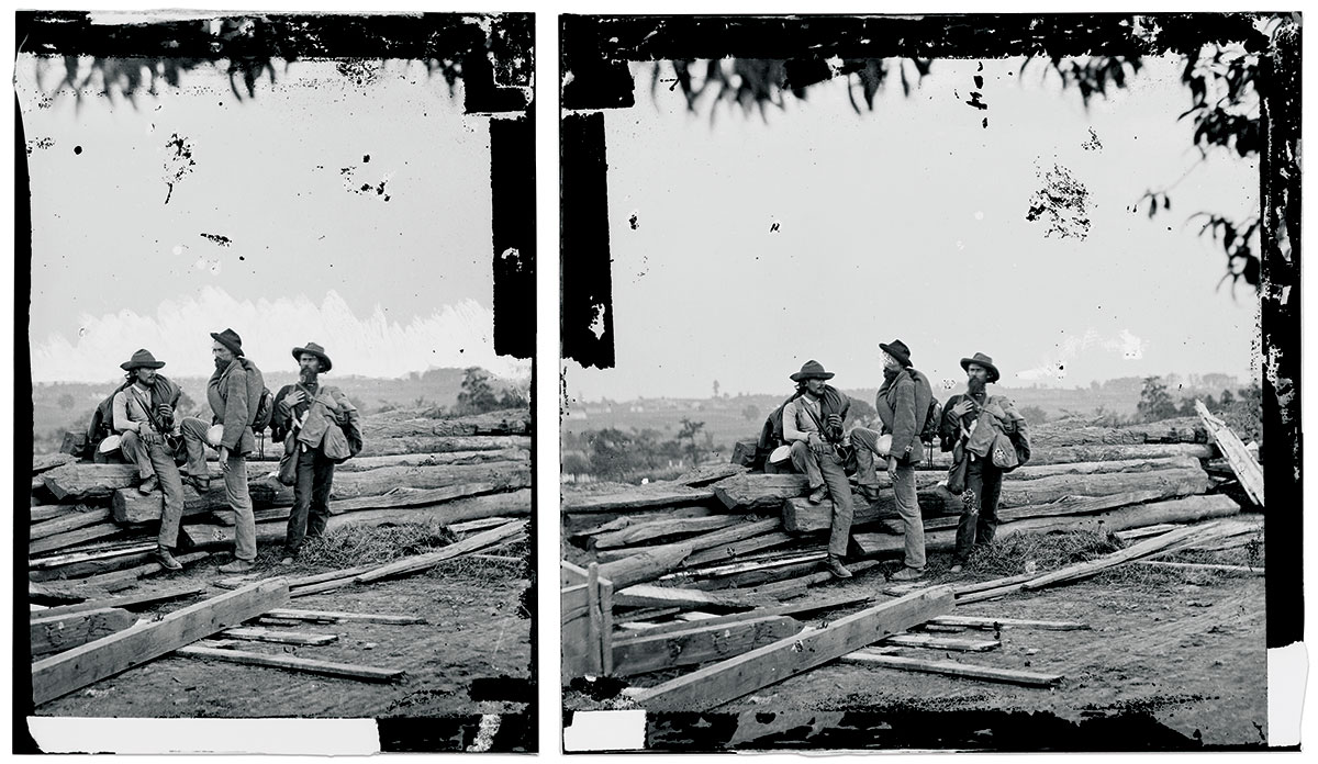 Fragments of the left- and right-side of the stereoscopic glass negatives reveal damage and retouching. Library of Congress.