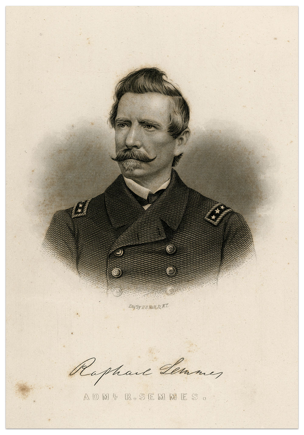 Wearing the shoulder straps of rear admiral and flag officer, this portrait of Semmes reflects the rank he attained in February 1865 in Richmond. This likeness has served as the basis for numerous artistic adaptations. This version, a steel engraving by H.B. Hall, Jr. of New York City, appears as a frontispiece for his 1869 memoirs. Author’s collection. 
