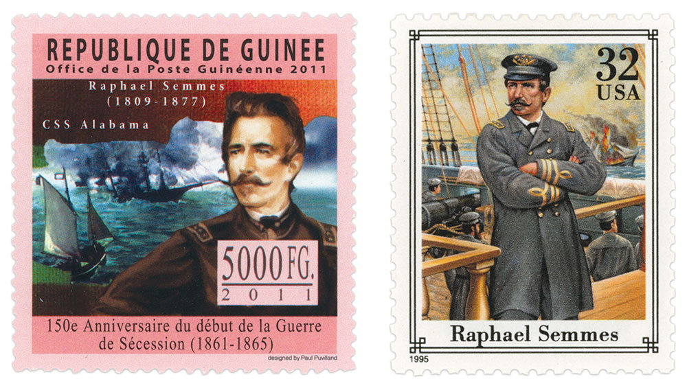 Two postage stamps bear Semmes’ likeness. In 2011, the West African Republic of Guinea observed the 150th anniversary of the beginning of the War of Secession. In 1995, the U.S. Post Office featured him on a 32-cent commemorative. Author's collection.