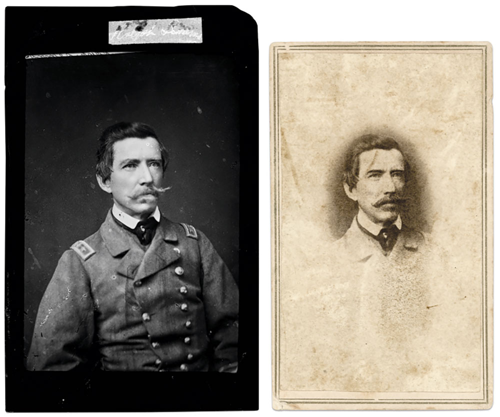 Captain Semmes: Three stars on Semmes’ shoulder straps indicate his rank as captain, circa 1861. Credited to Richmond photographer George S. Cook, it is unlikely that he made this portrait. Cook operated in Charleston early in the war while Semmes was in Mobile and New Orleans. Cook probably borrowed the negative (left) of another photographer—possibly Richmond’s Vannerson and Jones, who are credited with this carte de visite. Glass plate negative attributed to George S. Cook of Richmond, Va., The Valentine Collection; Carte de visite by Vannerson and Jones of Richmond, Va., Paul Reeder Collection.