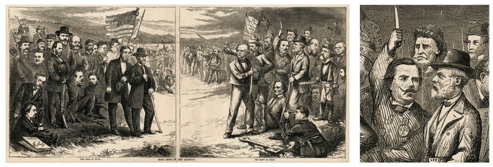 In “Both Sides of the Question,” (October 24) Semmes is depicted waving a dirk and wearing the number 290, a reference to the Alabama, emblazoned on his chest. Nast included himself in the bottom far left of the illustration on the side of the “righteous.” Author's collection.