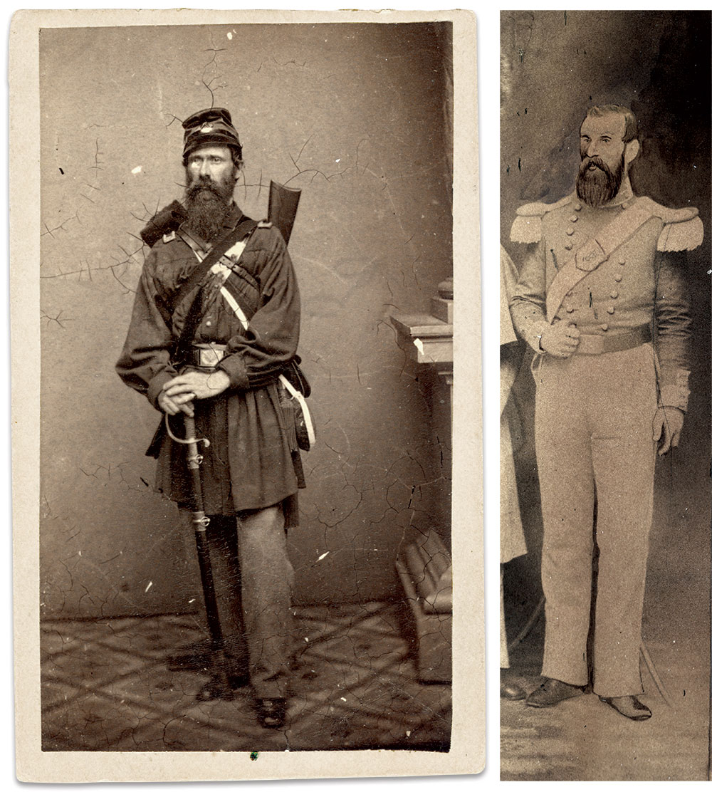 This soldier resembles Walter B. Manton, left, who enlisted as a private in the First Light Infantry, Company No. 2, or Company D, First Regiment, Rhode Island Detached Militia, in 1861. Manton succumbed to yellow fever at Hilton Head Island in October 1862 while serving as second lieutenant of Company L, 3rd Rhode Island Heavy Artillery. He was 30. Carte de visite by Mathew B. Brady of Washington, D.C. Author’s collection.