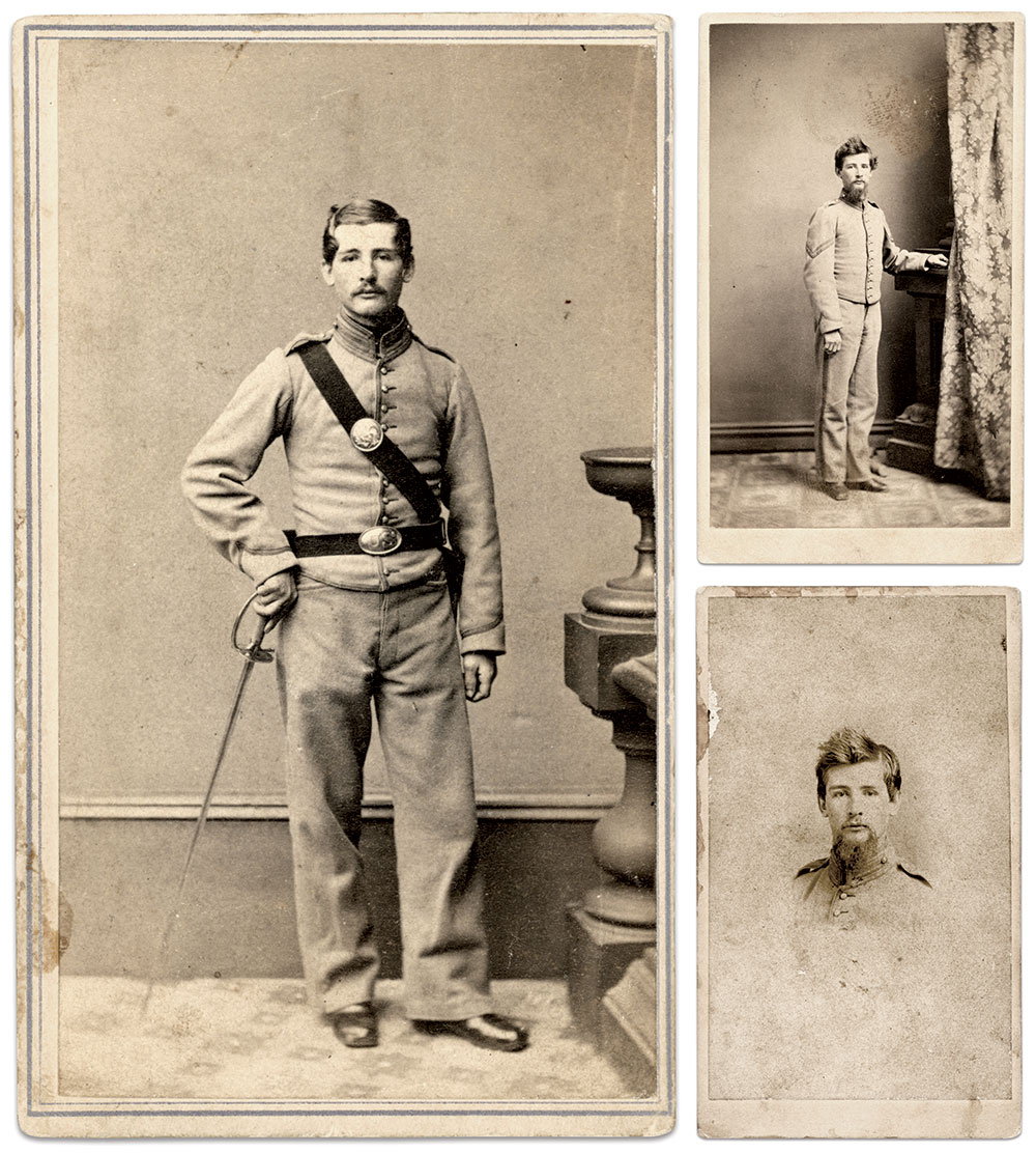 Richard H. Thornton’s thumb wound from the accidental discharge of a musket landed him in a military hospital as the Invalid Corps evolved. Cartes de visite by Hugo Bartels of Washington, D.C. (top right) and unidentified photographers.