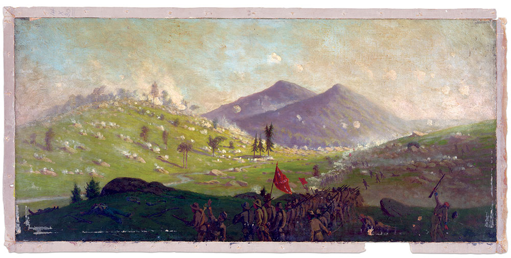 Artist Edwin Forbes painted this view of the Round Tops. Library of Congress.