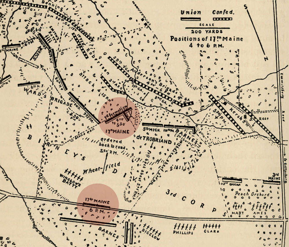 Positions of the 17th Maine on July 2. The locations of the regiment from 4-6 p.m. in the vicinity of The Wheatfield was reproduced in the 1898 official report Maine at Gettysburg. Military Images.