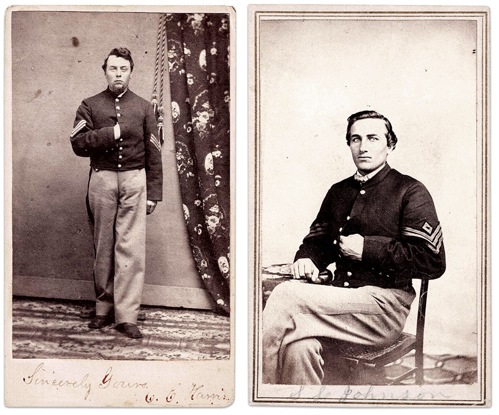 Sergeant Charles E. Harris (about 1841-1920) and 1st Sgt. Simon Lowell Johnson (1839-1905). Cartes de visite by A.W. Sprague of Lewiston, Maine, left, and  L.W. Cook of Weymouth Landing, Mass. Fifth Maine Museum Collection.