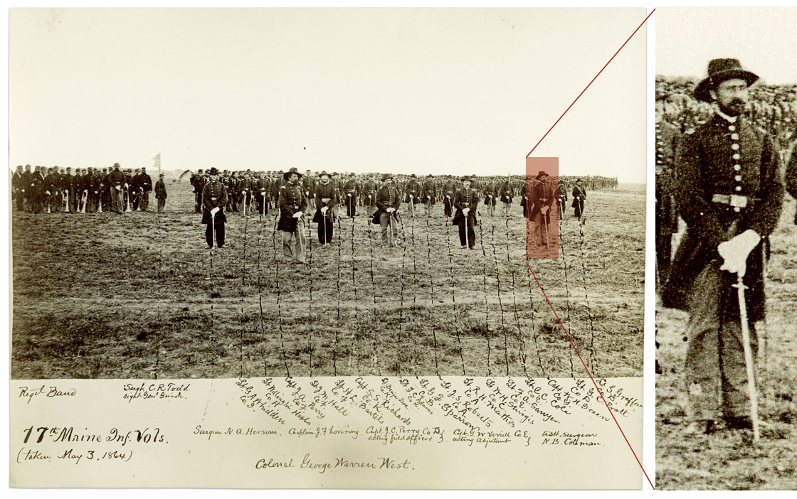 Regimental portrait: A month after Colman, standing far right, front row, and his comrades posed for this photo, they marched into the Overland Campaign and suffered serious battle losses. Albumen print by an unidentified photographer. Collections of Maine Historical Society.