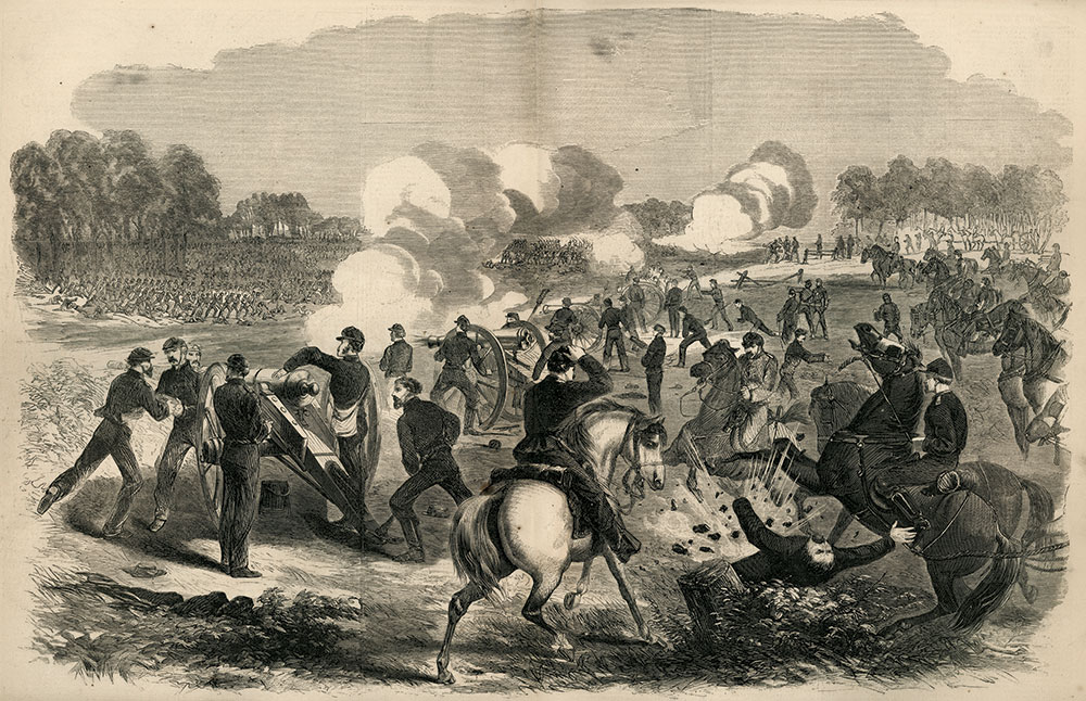 This illustration in the July 19, 1862, issue of Harper’s Weekly depicts artillery fire pouring into the oncoming ranks of Confederates at Gaines’ Mill. Military Images.