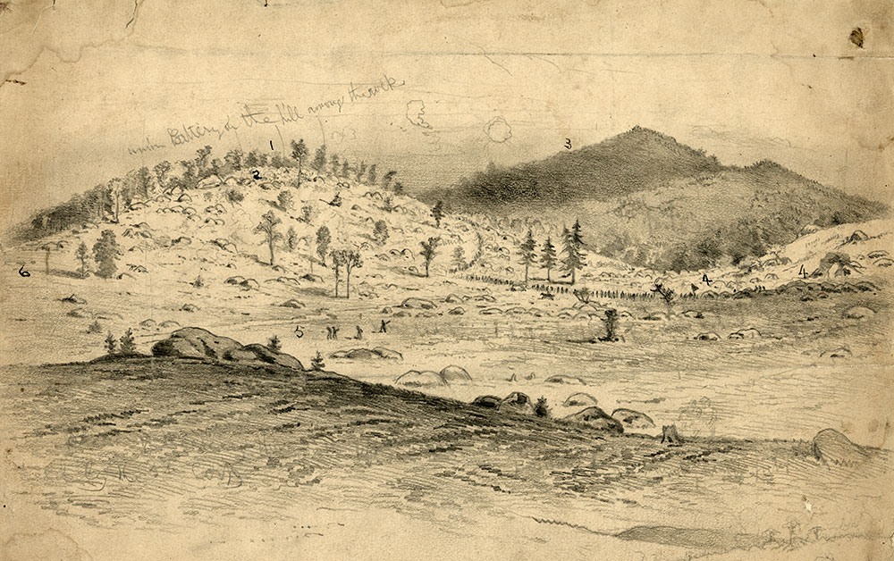 Sketch by illustrator Edwin Forbes of the Round Tops and Devil’s Den. Library of Congress.