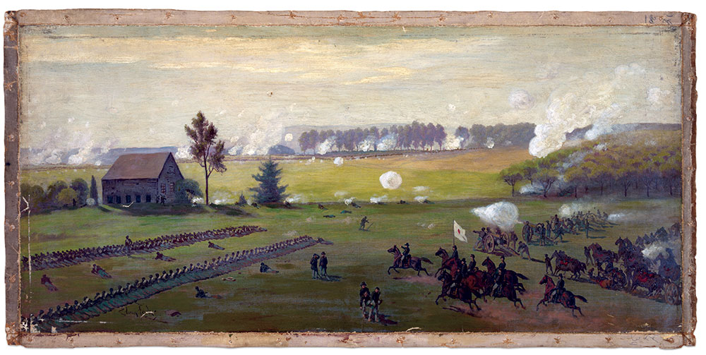 Major General Daniel Sickles and his staff ride towards the front, where Confederates attacked his overextended Third Corps. The 17th and other U.S. regiments paid a high price in casualties for Sickles’ ill-timed and unadvised troop movement. Library of Congress.