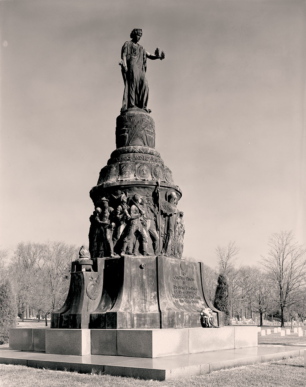 The Arlington Confederate Memorial, above, dedicated by President Woodrow Wilson in 1914, was removed in 2023. The graves of the veterans buried in concentric circles around the Memorial, including Will’s (plot 80-A), right, remain undisturbed.