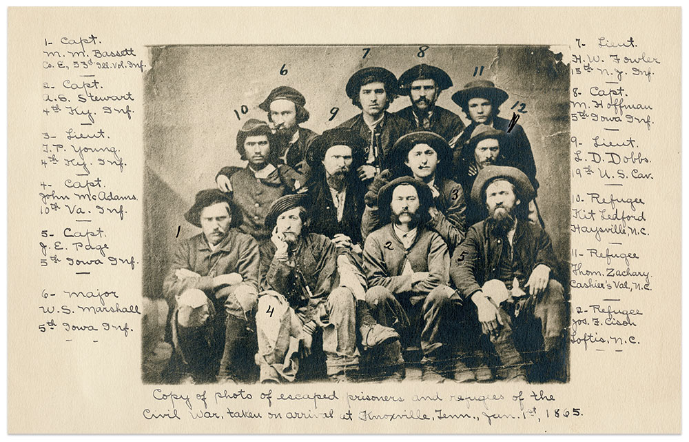 Bassett print at the Peoria Public Library. This copy of an original print owned by 1st Lt. Bassett is the only version that correctly identifies the officers and guides. Platinum print by Venard Studios of Peoria, Ill. Peoria Public Library.