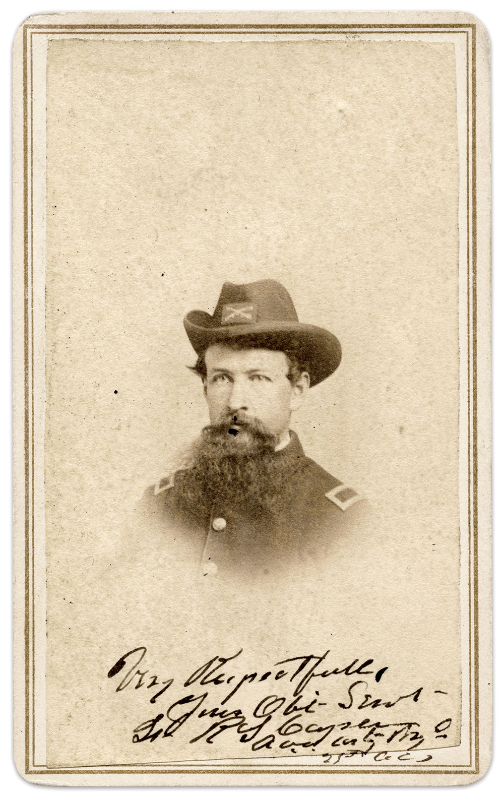 Capen is pictured as a second lieutenant, a rank he held from August 1864 to May 1865. He signed the image as Acting Artillery Ordnance Officer of the 25th Corps, a position he held from December 1864 to April 1865. A revenue stamp, required by law from August 1864 to August 1866, appears on the back of the image mount. Carte de visite by an unidentified photographer.