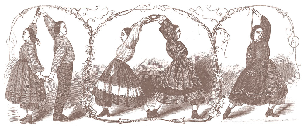 Modeling gymnastics wear, from the February 1865 issue of Demorest’s Illustrated Monthly fashion magazine.