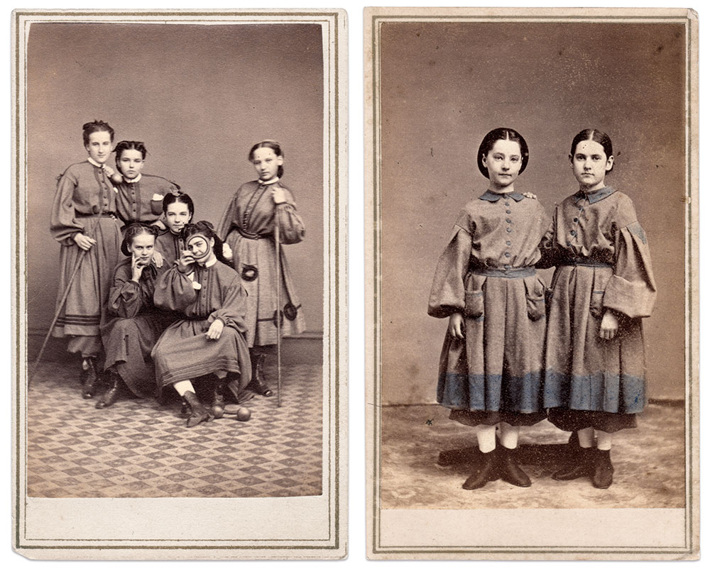 Left: The girl seated in front peers through a ring, and her friends pose with dumbbells and wands. Carte de visite by an unidentified photographer. Right: Girls in gymnastics costumes. Carte de visite by an unidentified photographer. 