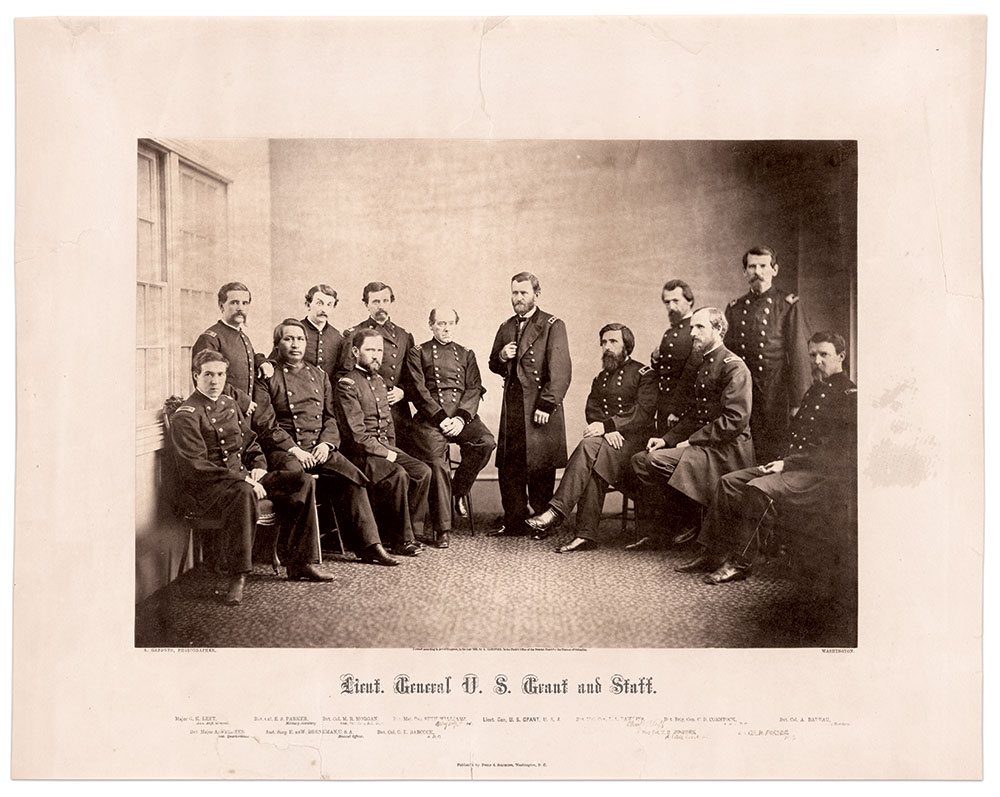 Rawlins with Lt. Gen. Ulysses S. Grant and staff at the end of the war. Albumen print by Alexander Gardner of Washington, D.C. National Portrait Gallery.