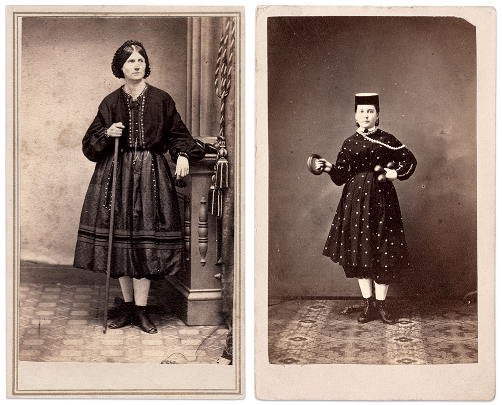 Left: Woman holding a wand. A dumbbell and rings sit on the column next to her. Carte de visite by an unidentified photographer. Right: Girl with ring and dumbbells. Carte de visite by an unidentified photographer.