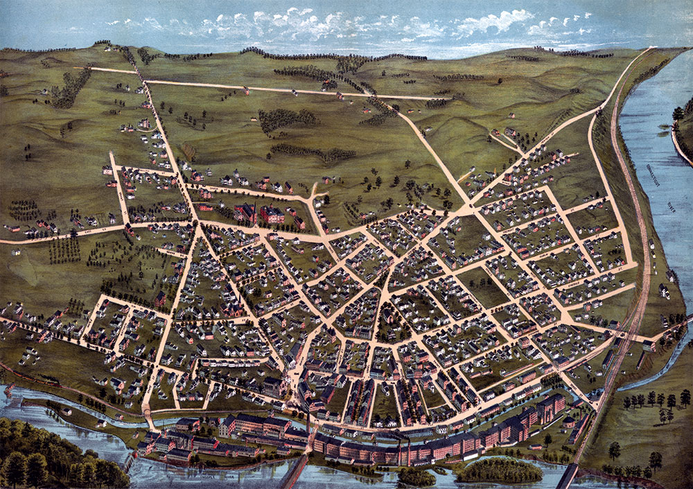 MANUFACTURING POWERHOUSE: An 1878 bird’s eye view of the sprawling Ames Company stretching along the Chicopee River and the town of Chicopee. Library of Congress.