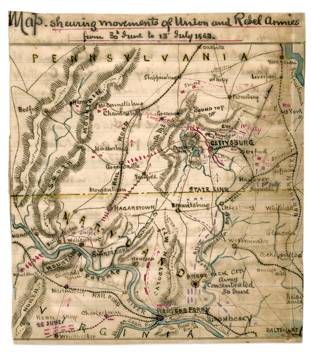 Difficult journey to Virginia: Union cartographer Robert Knox Sneden prepared this map showing the movements of the armies from June 30 to July 13, 1863. Hagerstown (spelled Hagarstown) is directly in the path of the Confederate withdrawal. Library of Congress.