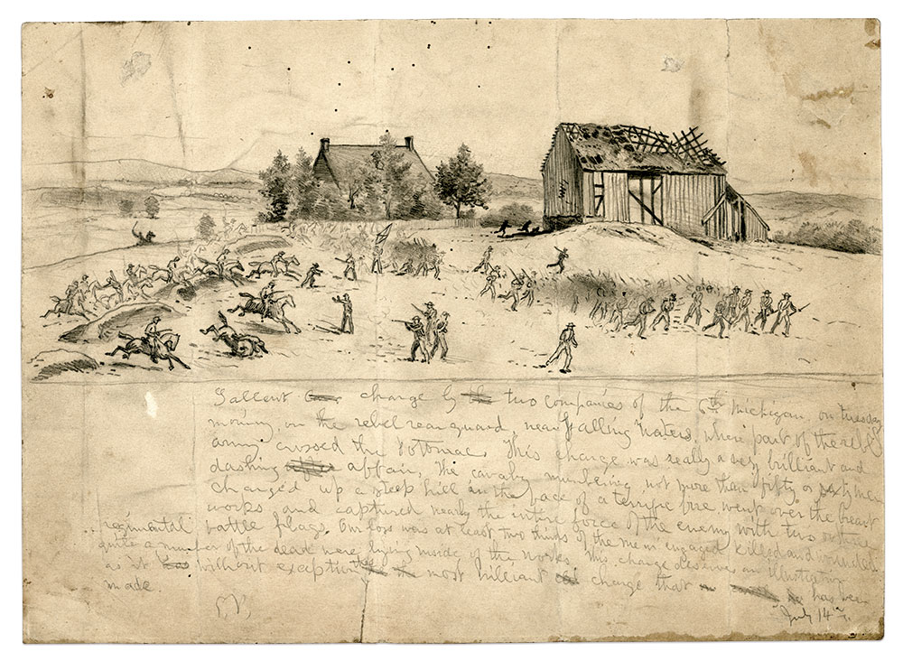 REAR GUARD ACTION: Artist Edwin Forbes captured an attack by two companies of the 6th Michigan Infantry against 
Confederates at Falling Waters on July 14, 1863.
Library of Congress.