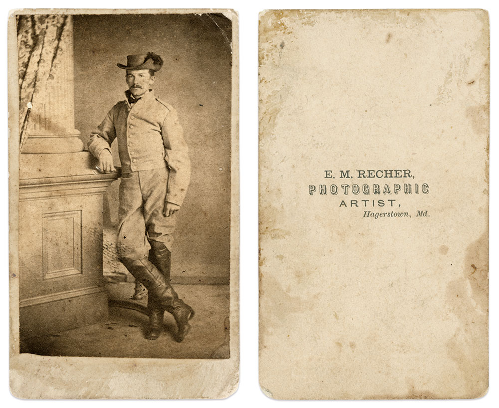 Recher’s Confederates: A number of cartes de visite of Confederates survive, including this portrait of an unidentified trooper. Note the column and drape which is ubiquitous in Recher’s photographs from the war period. Author's collection.