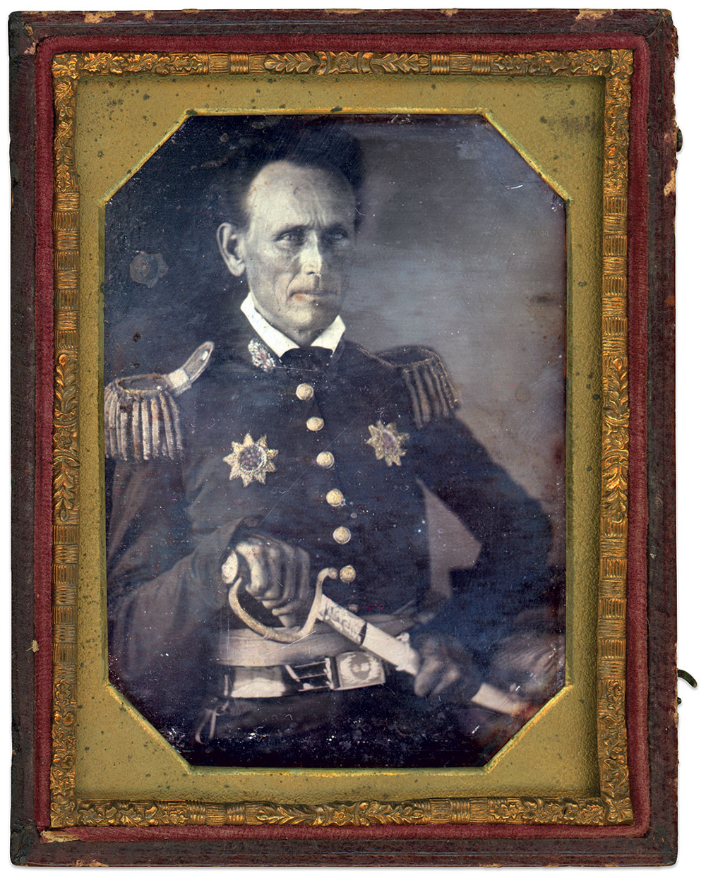 Donelson is pictured in his Tennessee militia uniform as a brigadier general, likely taken just before the war. Quarter-plate daguerreotype by an unidentified photographer.