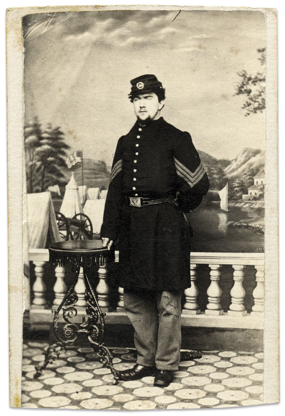 Sergeant John William Ogden (1839-1903) of the 13th New Jersey Infantry suffered a wound to his left cheek during the 1863 Battle of Chancellorsville. The injury, along with chronic rheumatism and back pain, ended in a transfer to the Veteran Reserve Corps for the rest of the war. Carte de visite. Ronald S. Coddington Collection.