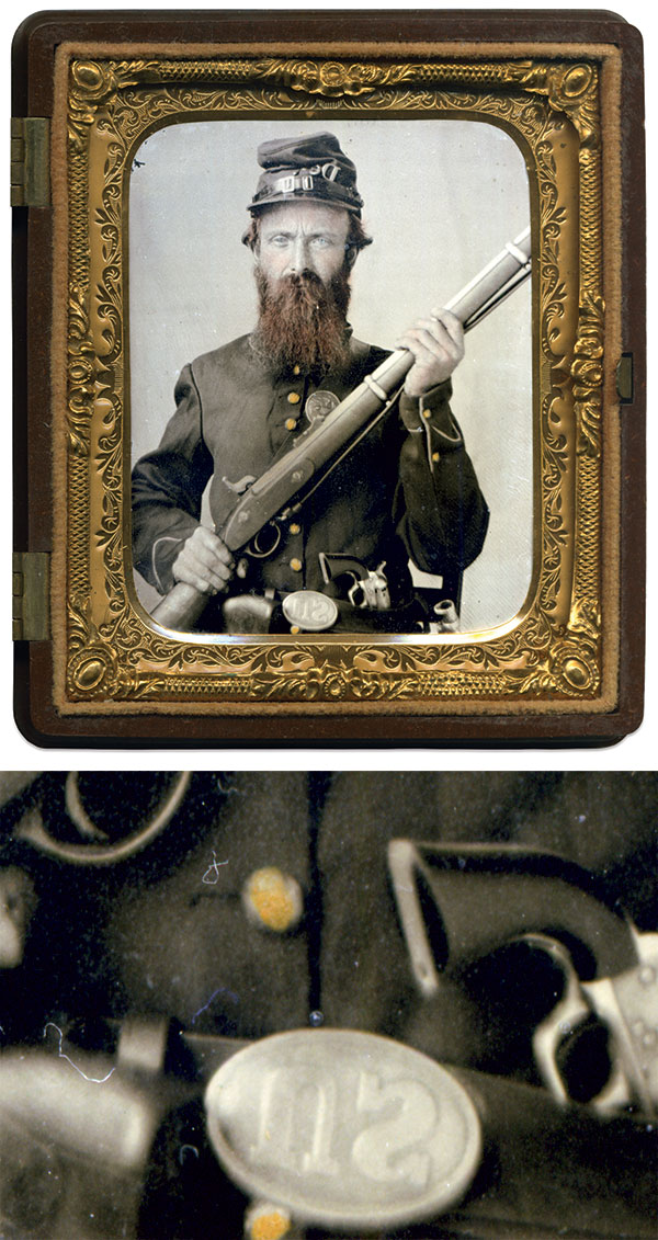 This U.S. infantryman turned his waist belt upside down to compensate for the lateral reverse effect of hard plate photography. The U is on the left side, but upside down—a partial victory. Sixth-plate tintype by an unidentified photographer. Rich Jahn Collection.